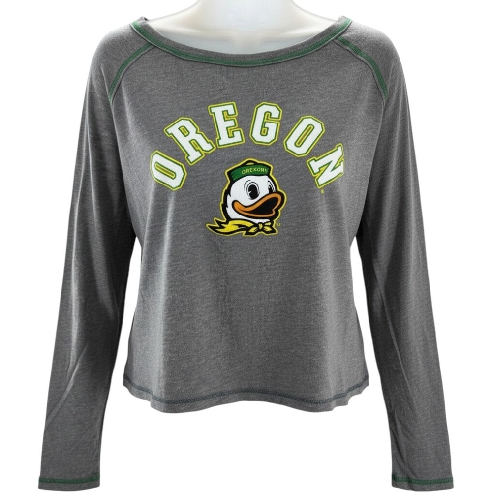 Box Seat Oregon Ducks Grey Long Sleeve Cropped Graphic Tee NCAA Womens XL NEW